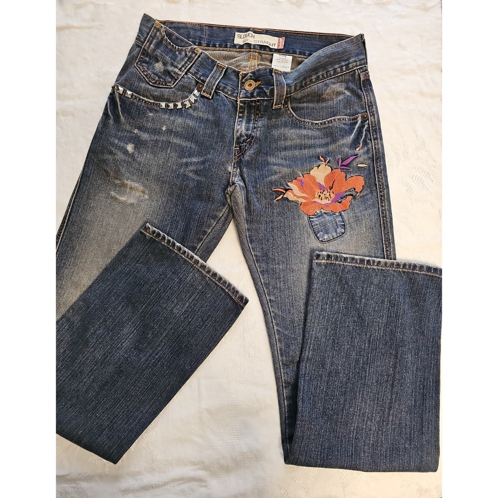 Levi's 504 Slouch Straight Jeans Women's 9M Embroidered Floral Distressed